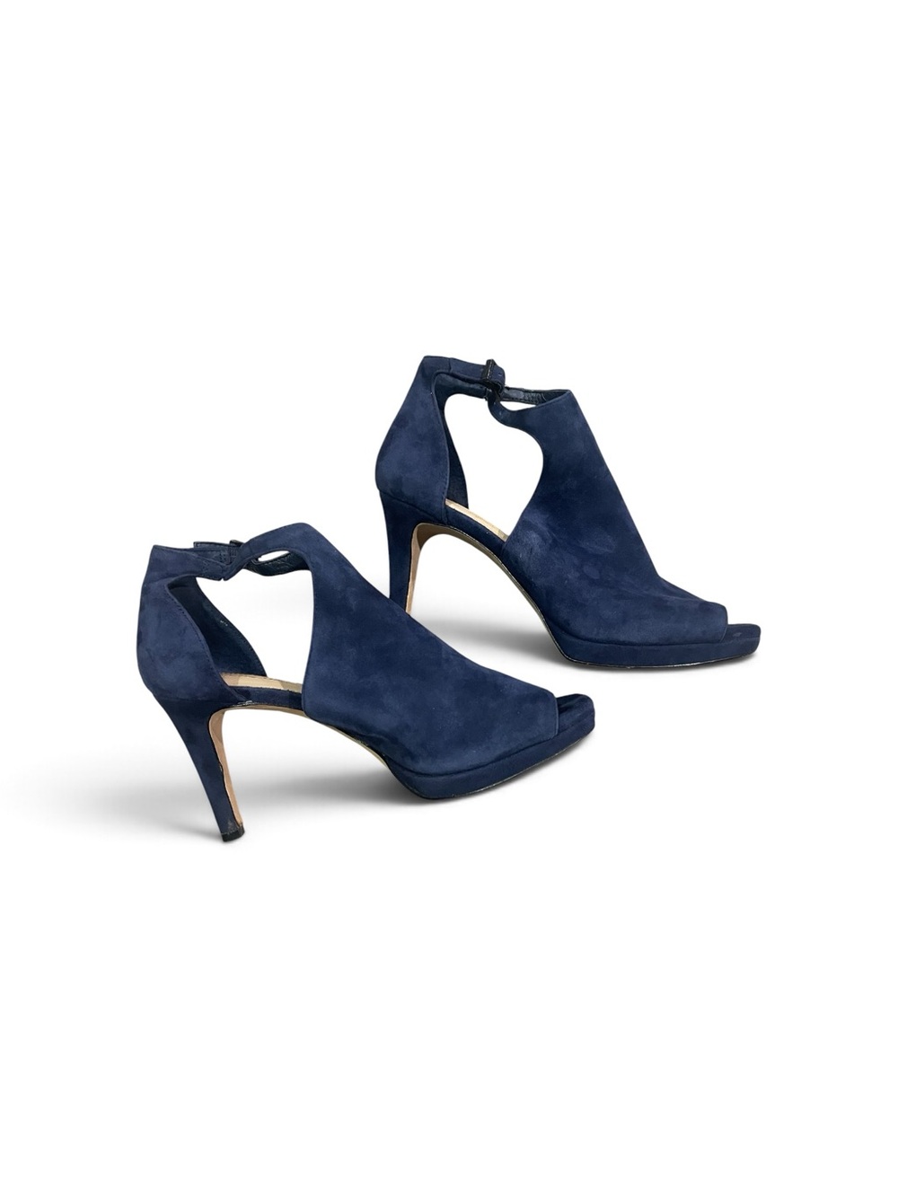 Antonio Melani Navy Blue Suede Peep Toe Platform Stiletto Ankle Strap Heels